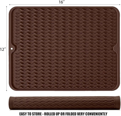 Silicone Dish Drying Mat, Non-Slip Easy Clean Sink Mat Large Heat-resistant Dish Drainer Mat for Kitchen Counter, Sink, Refrigerator or Drawer liner (16" x 12", COFFEE)