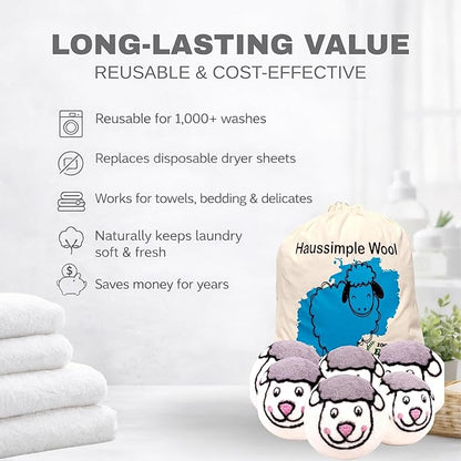 Wool Dryer Balls 6-Pack 100% Natural New Zealand Wool, Handmade in Nepal Reusable Laundry Balls, Faster Drying, Softer Clothes, Anti-Static, Dryer Sheets Alternative (Sheep)
