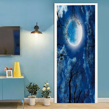 A.Monamour 3D Door Stickers for Interior Doors Silhouette of Dry Tree Against Night Blue Sky and Bright Full Moon Vinyl Waterproof Self Adhesive Door Mural Decals for Bedroom Office Bathroom 85x200cm