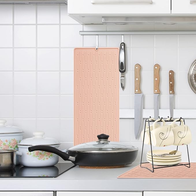 GeeRic Dish Drying Mats, Heat-resistant Silicone Mat for Kitchen Counter, Non-Slip Dish Dry Mat Dishwasher Safe Large, Pink