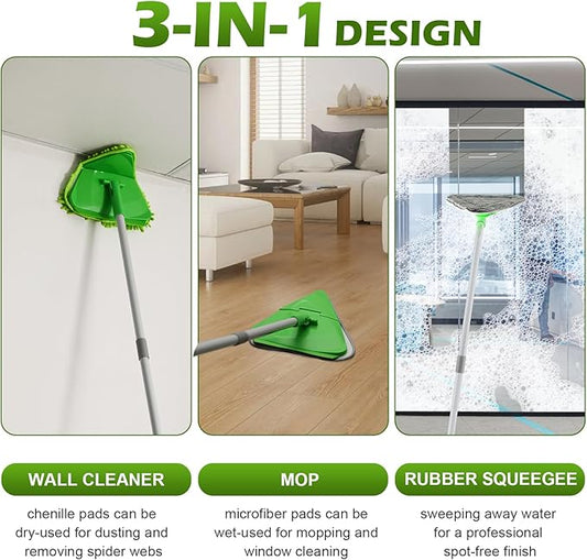 Wall Cleaner Triangle Mop with 82'' Long Handle - Wall Scrubber, Cleaning Washer Tool with 4 Microfiber Chenille Duster Pads for Clean Walls, Ceiling, Windows, Baseboards, Floors (Green)