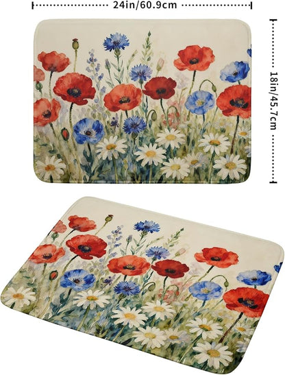 4th of July Dish Drying Mat for Kitchen Counter 18x24 Red Blue White Patriotic Floral Memorial Day Holiday Absorbent Reversible Microfiber Drying Mats Kitchen Countertop Protector Dishes Drainer Pad