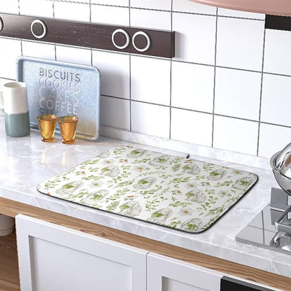 Easter Bunny Floral Drying Mat for Kitchen Counter Spring Easter Rabbits Green Leaves Dry Dish Mat Absorbent Microfiber Dish Draining Washable Dish Drainer Rack Mat Large 18x24 Inch