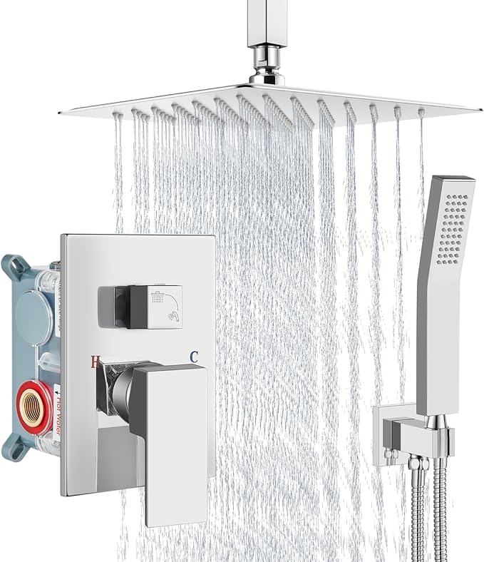 Aolemi Ceiling Mount Shower System Rain Shower Head with Handheld Spray High Pressure Shower Faucet Set Rough-in Valve Shower Trim Kit Included Bathroom Polish Chrome 8 Inch Ceiling Shower Head
