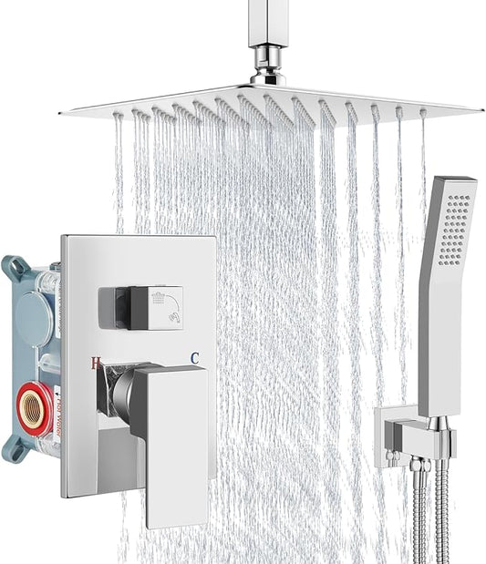 Aolemi Ceiling Mount Shower System Rain Shower Head with Handheld Spray High Pressure Shower Faucet Set Rough-in Valve Shower Trim Kit Included Bathroom Polish Chrome 8 Inch Ceiling Shower Head