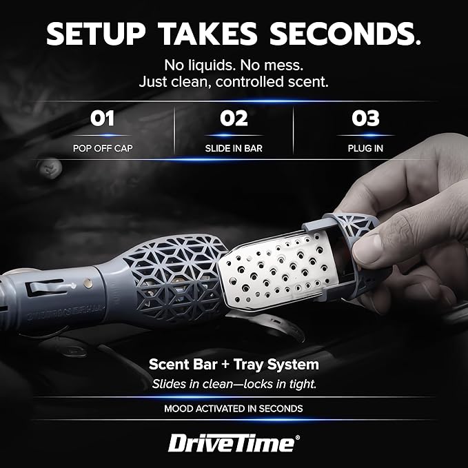 Drive Time Power Fresh Refillable Car Air Freshener – 12V Plug-In Reusable Car Scents Air Enhancer with Long-Lasting Scent Up to 30 Days – Includes 4 Scent Bars – Compact Design - Silver