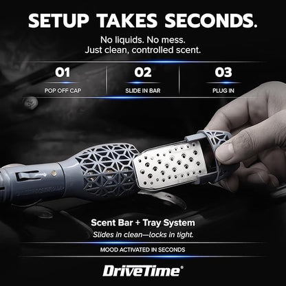 Drive Time Power Fresh Refillable Car Air Freshener – 12V Plug-In Reusable Car Scents Air Enhancer with Long-Lasting Scent Up to 30 Days – Includes 4 Scent Bars – Compact Design - Silver