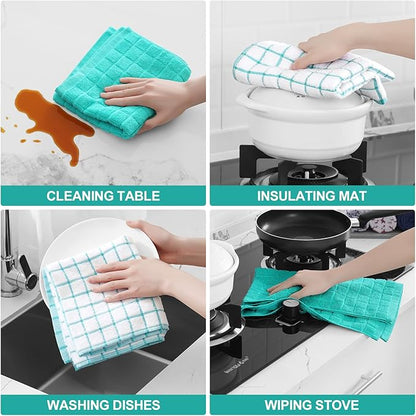 Homaxy Premium Cotton Kitchen Towels 16"x 28", Large Natural Ring Spun 390 GSM Dish Towels, Super Absorbent Terry Kitchen Hand Towels, Soft Tea Towels with Hanging Loop, Aqua Check Design, 6 Pack