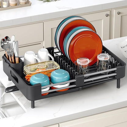 TOOLF Dish Drying Rack, Expandable Dish Rack for Kitchen Counter, Anti-Rust Dish Drainer, Sink Organization and Storage Essentials with Cutlery & Cup Holder, Black