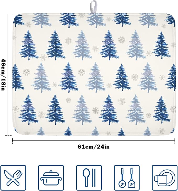 Winter Dish Drying Mat 18 x 24 Inch Blue Tree Dish Drying Pad Absorbent Microfiber Mats for Snowflake Dish Rack Pad for Holiday Kitchen Counter Coffee Bar Decor