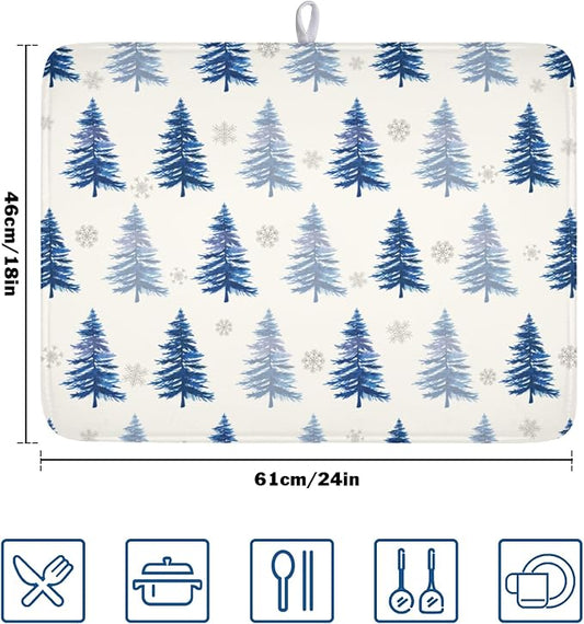 Winter Dish Drying Mat 18 x 24 Inch Blue Tree Dish Drying Pad Absorbent Microfiber Mats for Snowflake Dish Rack Pad for Holiday Kitchen Counter Coffee Bar Decor