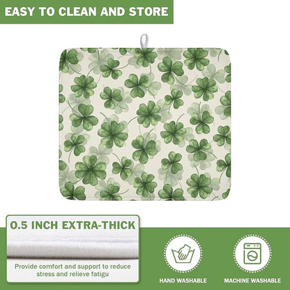 St Patrick's Day Green Clover Dish Drying Mat for Kitchen Counter Spring Holiday Watercolor Lucky Shamrock Drying Mat 16x18 Inch Absorbent Dish Drainer Mat Kitchen Accessories