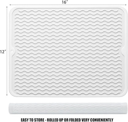 Silicone Dish Drying Mat for Multiple Usage, Easy clean, Eco-friendly, Heat-resistant Dish Drainer Mat for Kitchen Counter,Sink,Refrigerator or Drawer liner (16" x 12", White)