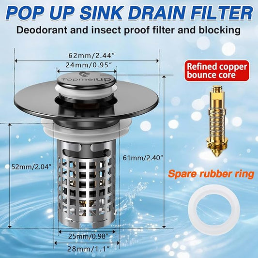 Sink Stopper Hair Catcher(2PCS), Pop-up Sink Drain Strainer with Removable Stainless Steel Strainer Basket Hair Catcher, Bathroom Sink Strainer for Bathroom Sink Stopper Replacement