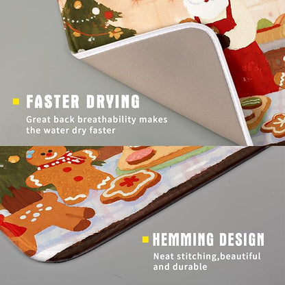 Christmas Dish Drying Mat for Kitchen Counter 16x18 Santa Claus Gingerbread Winter Xmas Holiday Themed Absorbent Reversible Microfiber Drying Mats Kitchen Countertop Protector Dishes Drainer Rack Pad