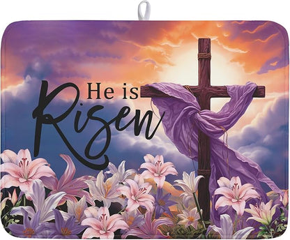 Easter Cross He is Risen Dish Drying Mats 18x24 Inch Spring Drying Mat Absorbent Microfiber Dishes Pad Easter Lily Flowers Dish Drainer Mat Protector for Kitchen Countertops Fast Dry Tableware