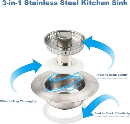 Kitchen Sink Drain Strainer,Stainless Steel 3-in-1 Pop-up Sink Stopper with Sealing Ring, Anti-Clog & Odor-Proof Drain Filter, Fits 3-1/2 Inch Sink Drain Holes, Easy Installation