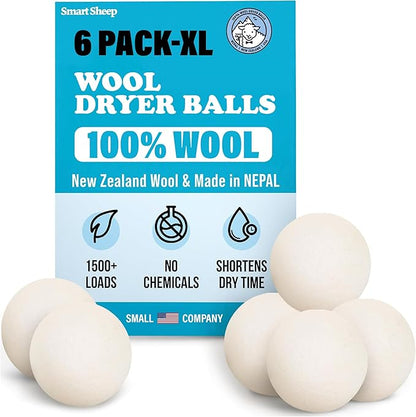 Wool Dryer Balls - Smart Sheep 6-Pack - XL Premium Natural Fabric Softener Award-Winning - Wool Balls Replaces Dryer Sheets - Wool Balls for Dryer - Laundry Balls for Dryer, 6 Count (Pack of 1)