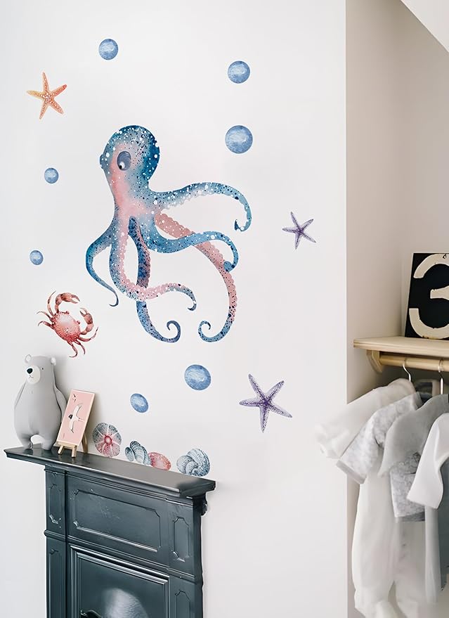 Alwayspon Octopus and Turtle Wall Decals Vinyl Removable Wall Murals Peel and Stick Self Adhesive House Wall Sticker Decor for Bedroom Living Room Nursery