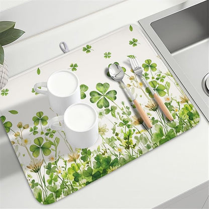 St Patrick's Day Dish Drying Mat 18 x 24 Inch Green Clover Dish Drainer Rack Mat Absorbent Microfiber Mats for Shamrock Dish Pad Spring Lucky Dish Pad for Kitchen Bar Decor