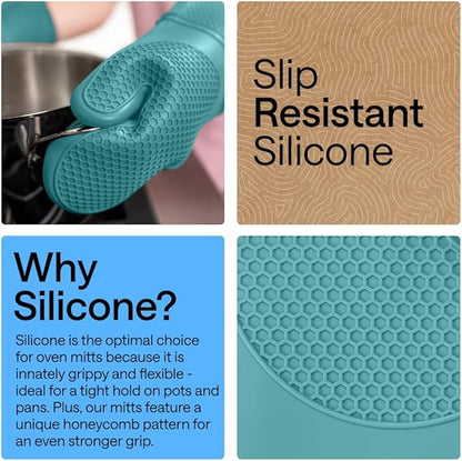 GORILLA GRIP BPA-Free Soft Silicone Oven Mitts, Heat Resistant and Waterproof Cooking Gloves, Thick Cotton Lining, Flexible Gripping for Baking Grilling, Kitchen Potholders Set, 12.5x8.3, Turquoise