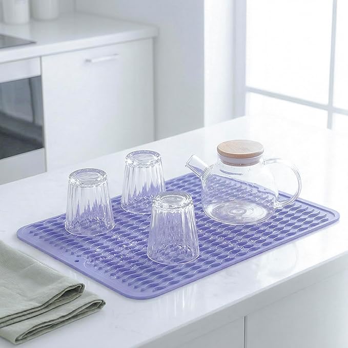 MicoYang Silicone Dish Drying Mat for Multiple Usage,Easy clean,Eco-friendly,Heat-resistant Silicone Mat for Kitchen Counter or Sink,Refrigerator or drawer liner Light Purple L 16 inches x 12 inches