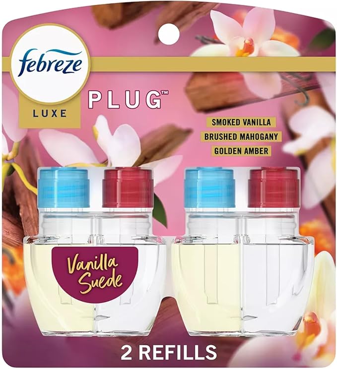 Febrezee Plug In Refills New Edition Plug In for Odor-Fighting Fade Defy PLUG Air Freshener, (2) Count of 0.87 fl oz Refills (Vanilla Suede)