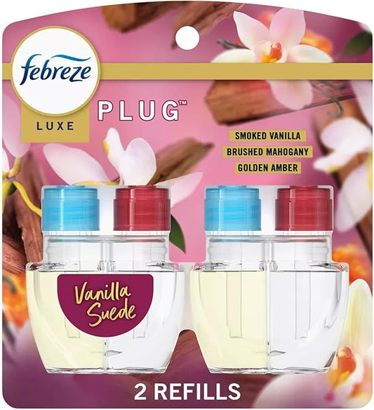 Febrezee Plug In Refills New Edition Plug In for Odor-Fighting Fade Defy PLUG Air Freshener, (2) Count of 0.87 fl oz Refills (Vanilla Suede)