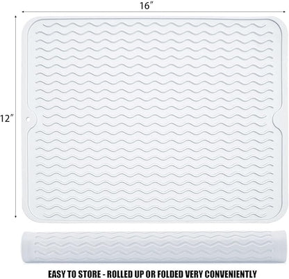 Silicone Dish Drying Mat for Multiple Usage, Easy clean, Eco-friendly, Heat-resistant Dish Drainer Mat for Kitchen Counter,Sink,Refrigerator or Drawer liner (16" x 12", Translucent)
