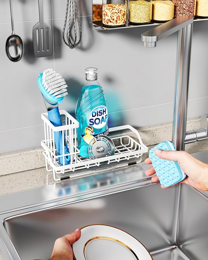 Consumest Sponge Holder for Kitchen Sink - Sink Caddy Organizer with Removable Drip Tray for Countertop Dish Soap Dispenser Brush Storage Kitchen Accessories 304 Stainless Steel, White