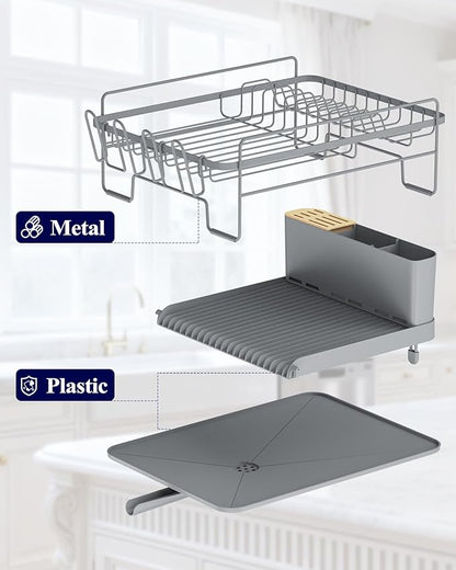 Kitsure Extendable Dish Drying Rack, Large Drying Dish Rack with Cutlery & Cup Holders, Multifunctional Dish Racks for Counter with Drainage, 18.2"-25.7" L x 12.9" W, Grey