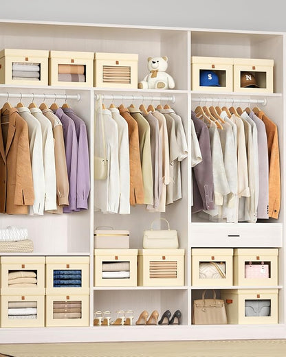 Storage Bins with Lid – Closet Organizer with Side Opening and Clear Window, Foldable Stackable Fabric Basket for Clothes, Home, Office - 13.77" x 11.8" x 9.8", 6 Pack, Beige