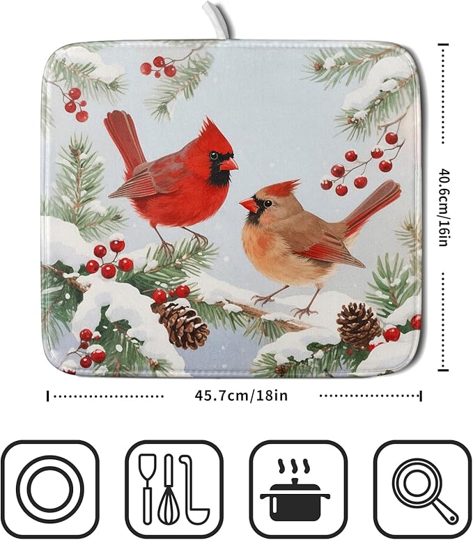 Winter Cardinal Bird Dish Drying Mat for Kitchen Counter 16x18 Christmas Snow Scene Theme Seasonal Absorbent Reversible Microfiber Drying Mats Kitchen Countertop Protector Dishes Drainer Pad