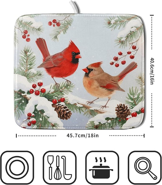 Winter Cardinal Bird Dish Drying Mat for Kitchen Counter 16x18 Christmas Snow Scene Theme Seasonal Absorbent Reversible Microfiber Drying Mats Kitchen Countertop Protector Dishes Drainer Pad
