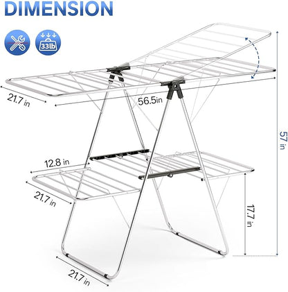 APEXCHASER Clothes Drying Rack, Foldable 2-Level Drying Rack Clothing, Stainless Steel Free-Standing Laundry Airer, with Height-Adjustable 4 Wings, Matte Black