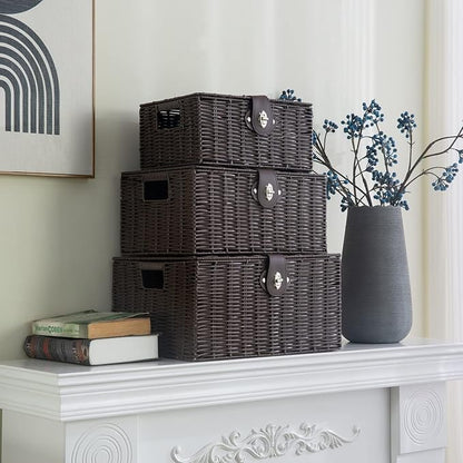 Set of 3 Woven Wicker Storage Basket Box with Lids & Lock, Built-in Carry Handles, Multifunctional Storage Organizer for Nursery, Baby, Clothes, Toys, Books, Large/Medium/Small Size (Brown)