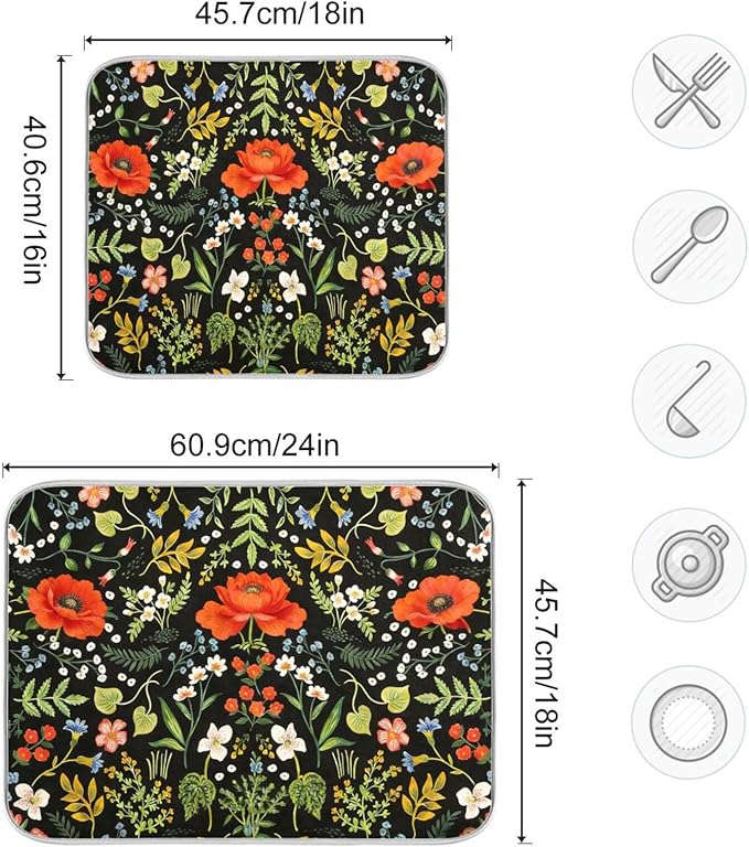 Colorful Floral Absorbent Dishes Drainer/Rack Mat for Countertop Small Size 16 x 18, Microfiber Dish Drying Pads Kitchen Counter Draining Pad