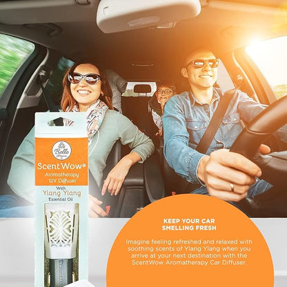 Belle Aroma ScentWow Aromatherapy - Ylang Ylang Car Diffuser for Essential Oils – Portable 12V Plug-In Mini Diffuser – Compact Travel Humidifier for Car, Truck & Small Spaces – White & Gray