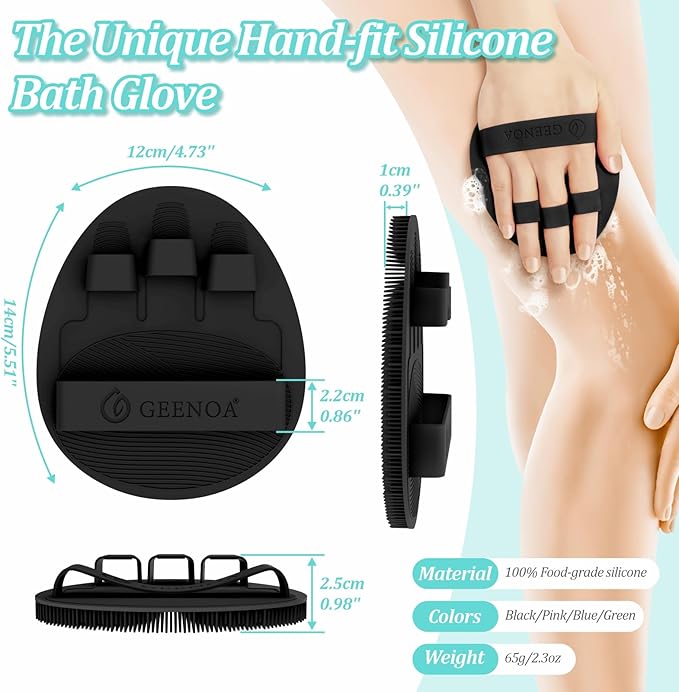 Silicone Back/Face Scrubber & Soft Bath Glove 3PCS, 16''- 24'' Extendable Shower Back Scrubber, 360° Anti-Slip & Hand-fit Silicone Bath Glove, Manual Face Brush for All-Round Cleaning(Black)