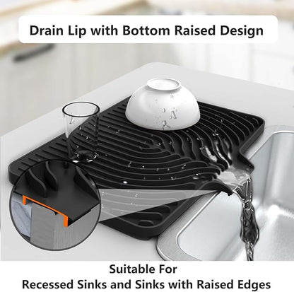 Dish Drying Mat for Kitchen Counter, with Built-in Drain Lip, Food-Grade Silicone, Easy Clean Pad for Countertop Protection, Multi-Functional Use (18 x12 Raised Sink, Black)
