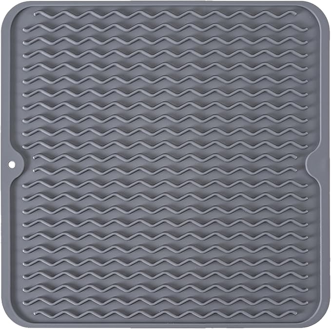 Silicone Dish Drying Mat, Non-Slip Easy Clean Sink Mat Large Heat-resistant Dish Drainer Mat for Kitchen Counter, Sink, Refrigerator or Drawer liner (12" x 12", GREY)
