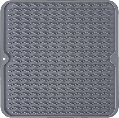 Silicone Dish Drying Mat, Non-Slip Easy Clean Sink Mat Large Heat-resistant Dish Drainer Mat for Kitchen Counter, Sink, Refrigerator or Drawer liner (12" x 12", GREY)