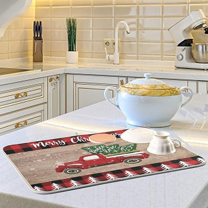 Christmas Dish Drying Mat 18 x 24 Inch with Hanging Loop High Absorbent Reversible Microfiber Red Truck Buffalo Check Plaid Dish Mat Dish Drying Pad Dish Rack Pad Drainer Mat Counter Mat