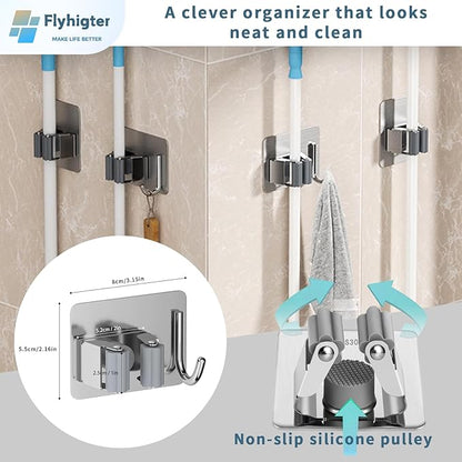 8 Pack Stainless Steel Mop Clips – Heavy Duty Wall Mounted Broom Holders, Rustproof & Tool-Free Install with Back Adhesive or Glue for Home and Garage