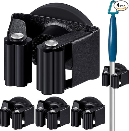 Vercraft 4 Pcs Magnetic Mop Broom Holder Movable Magnetic Broom Holder Rack, Anti Slip Wall Mounted Utility for Cleaning Tools, Garage, Kitchen, Laundry, Garden (Black)