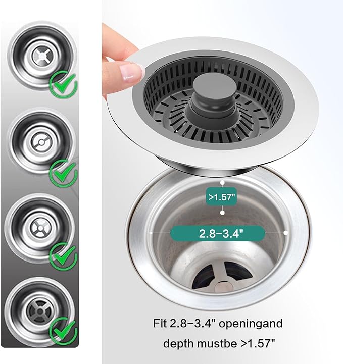 Kitchen Sink Drain Strainer,3 in 1 Pop Up Strainer Stopper,Stainless Steel Anti-Clogging Sink Drain Strainer,Suitable for US Standard 3-1/2 Inch Kitchen Sink Drain Strainer