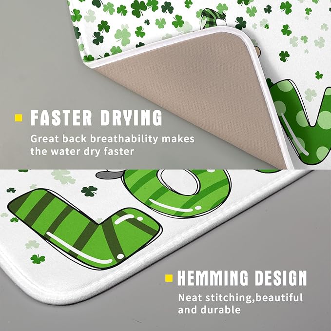St Patrick's Day Gnomes Love Dish Drying Mat for Kitchen Counter,Green Shamrock Clovers Drying Mat 16 x 18 Inch with High Absorbent Microfiber Drainer Mat for Coffee Bar