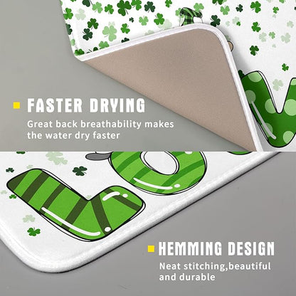 St Patrick's Day Gnomes Love Dish Drying Mat for Kitchen Counter,Green Shamrock Clovers Drying Mat 16 x 18 Inch with High Absorbent Microfiber Drainer Mat for Coffee Bar