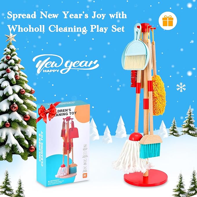 WHOHOLL Wooden Kids Cleaning Toy Set Toddler Broom and Dustpan Set for Housekeeping 9 Pcs Broom and Mop Set for Toddlers 3-6, Cleaning Toys with Sponge, Christmas Birthday Gifts for Boys Girls