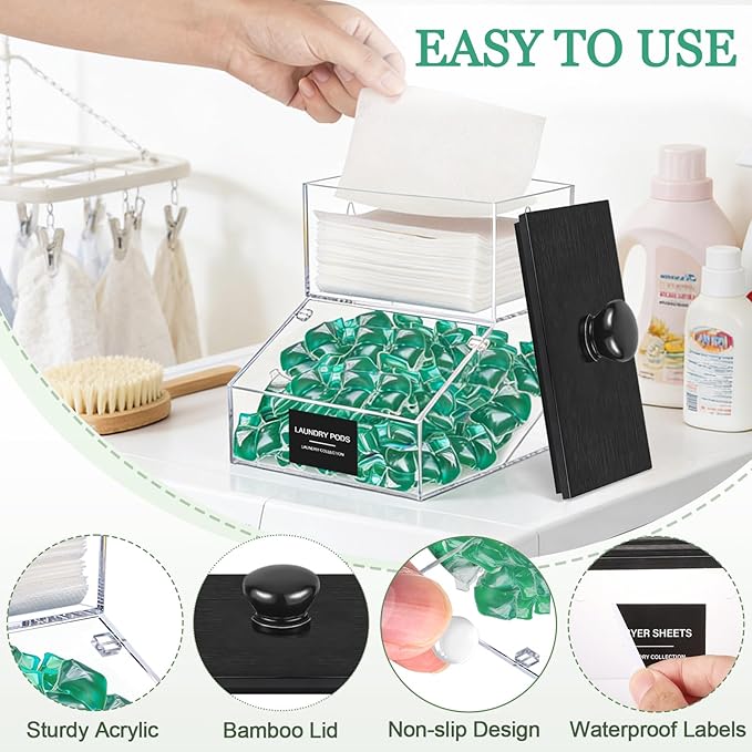 2 in 1 Dryer Sheet Holder & Laundry Pods Container, Laundry Detergent Organizer Container with Lid, Acrylic Laundry Room Organization Storage Containers with Labels, Dishwasher Pod Holder